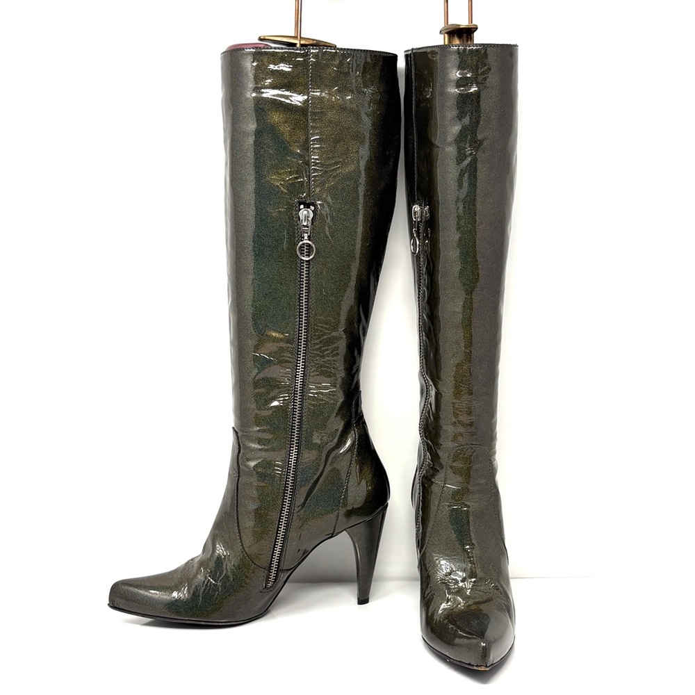 Holographic Metallic Green Patent Knee High Boots 38